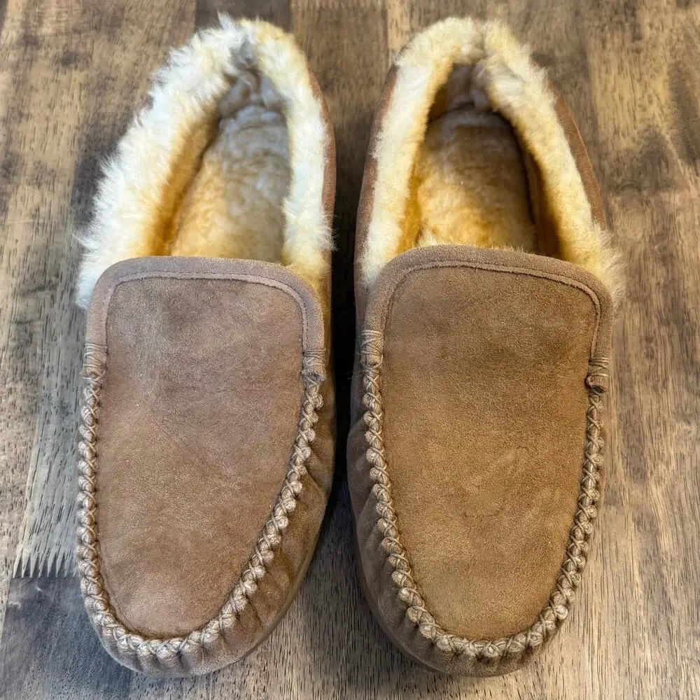 L.L.Bean Wicked Good Slippers Venetian Shearling Moccasin Suede Brown Men’s 14
